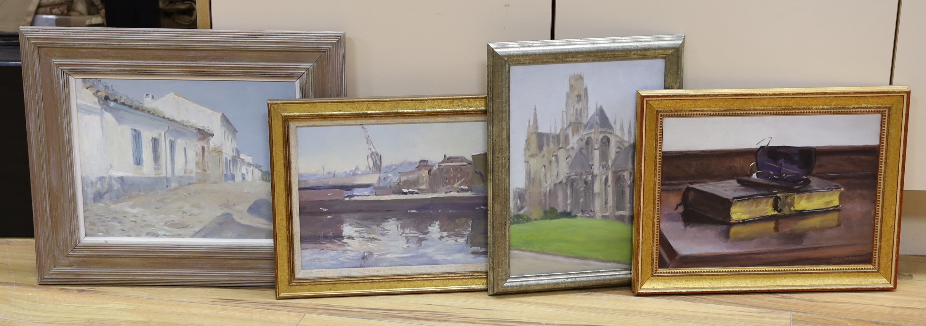 Neil Tyler (b.1945), four oils, Ubeda, Andalusia, French church, Harbour scene and Still life, all signed, largest 25 x 32cm